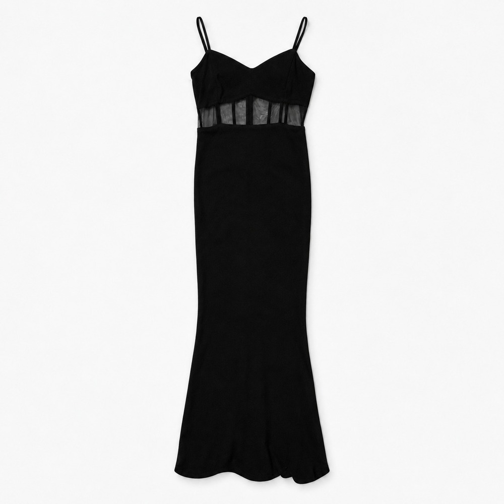Lulus XL Black Corset Style Formal Gown Sheer Mesh Maxi Dress Sweetheart